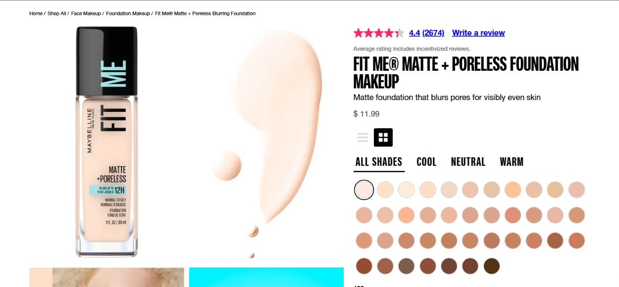Maybelline Fit Me Matte + Poreless foundation page: the bottle, a liquid swatch, and a grid of skin shades