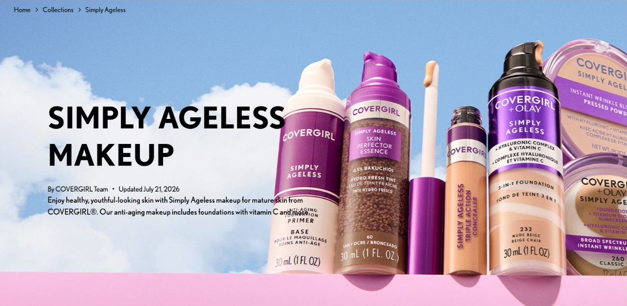 COVERGIRL Simply Ageless banner: large lettering and oversized bottles against a sky background