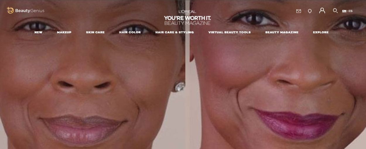 L'Oréal Paris makeup routine header: a side-by-side close-up portrait of a mature woman before and after makeup