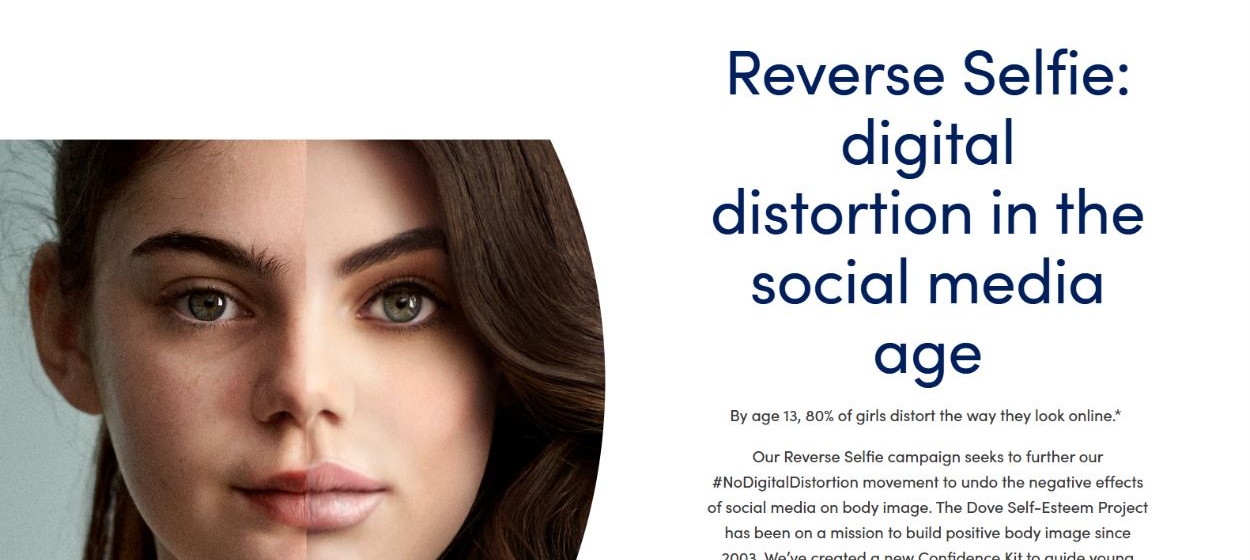 Dove Reverse Selfie graphic: a split face, one half less polished and one half visibly styled