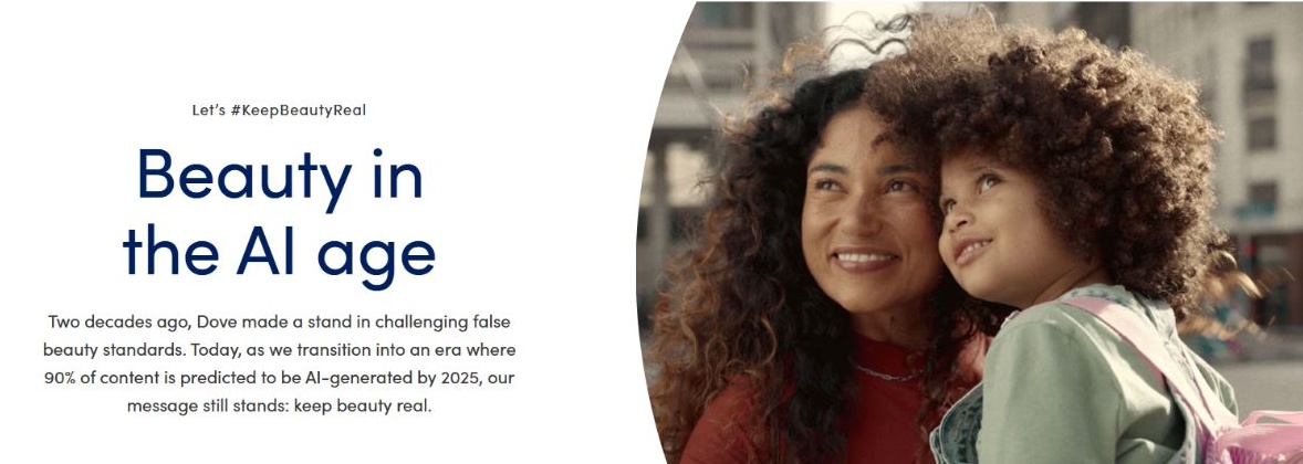 Dove Beauty in the AI age banner: two smiling faces with curly hair outdoors, beside the words keep beauty real