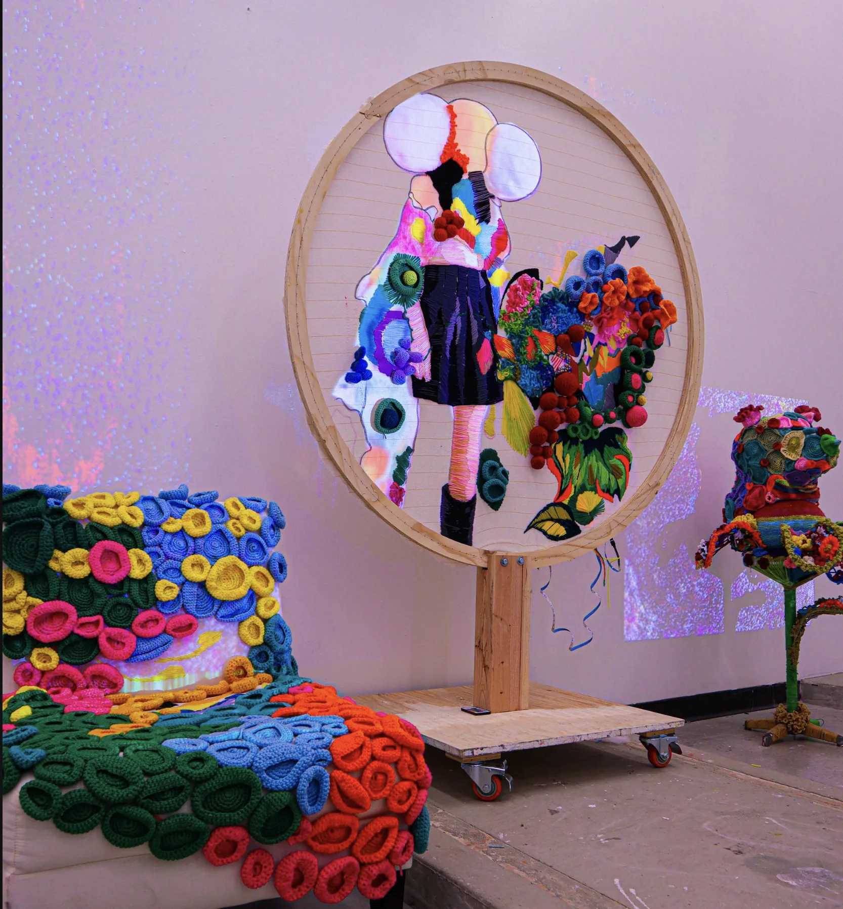 Studio view, crochet and embroidery sculptural forms