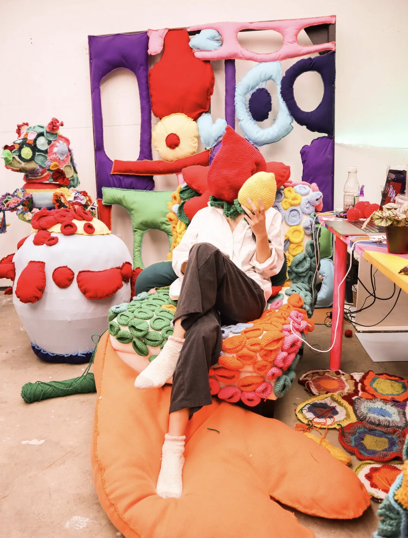 Studio view, crochet sculptural seating and forms