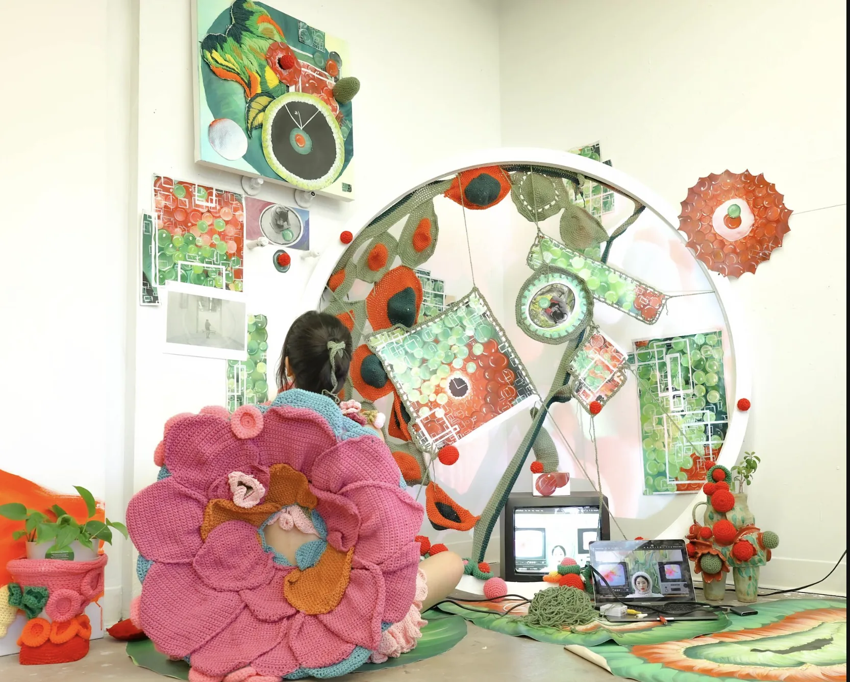 Studio view, crochet and mixed-media installation corner